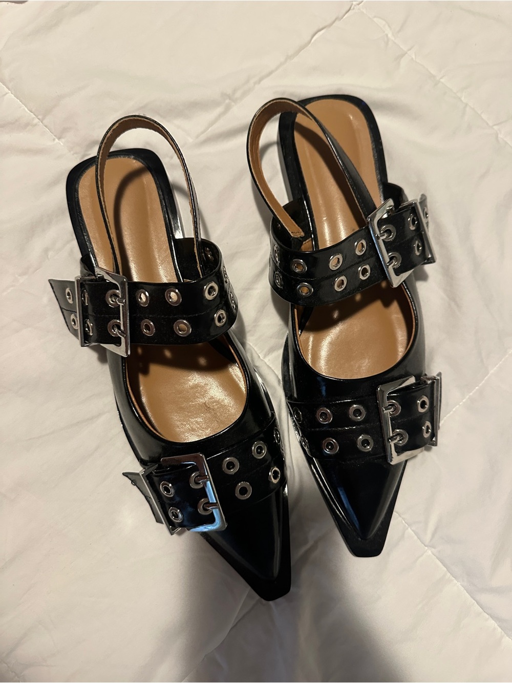 Black Patent Pointed Slingback Flats with Buckle Detail